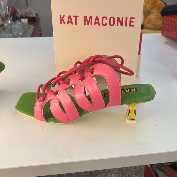 Iconic Kat Maconie pink and green Nappa leather Sandals with 2” heels. - Picture 4 of 10